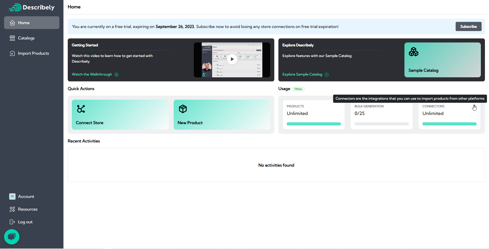 Screenshot of the Describely Dashboard after sign-up