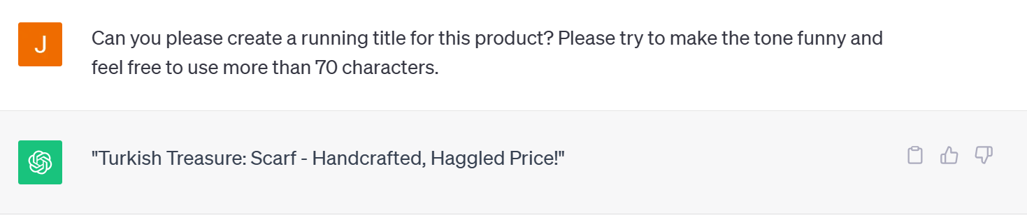 ChatGPT's response to a product title prompt