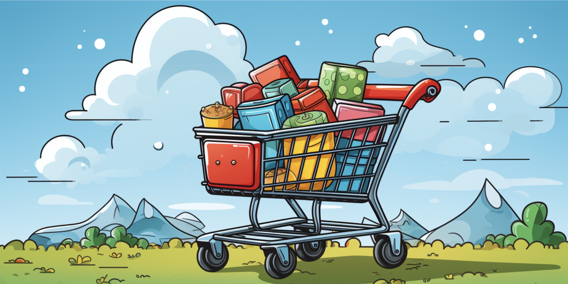Colorful illustration of a loaded shopping cart against a backdrop of mountains and clouds