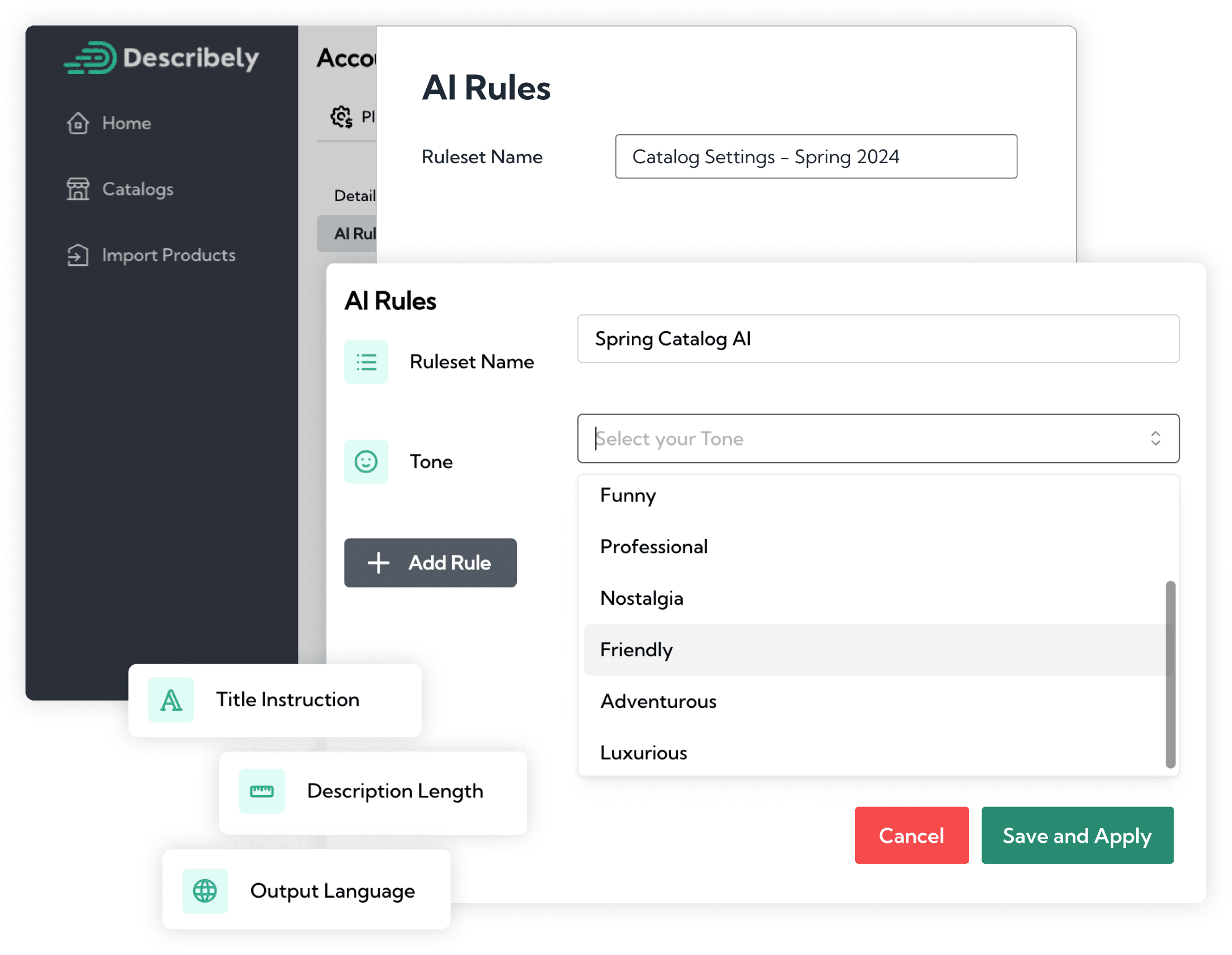 Describely's interface showing how to create AI rules
