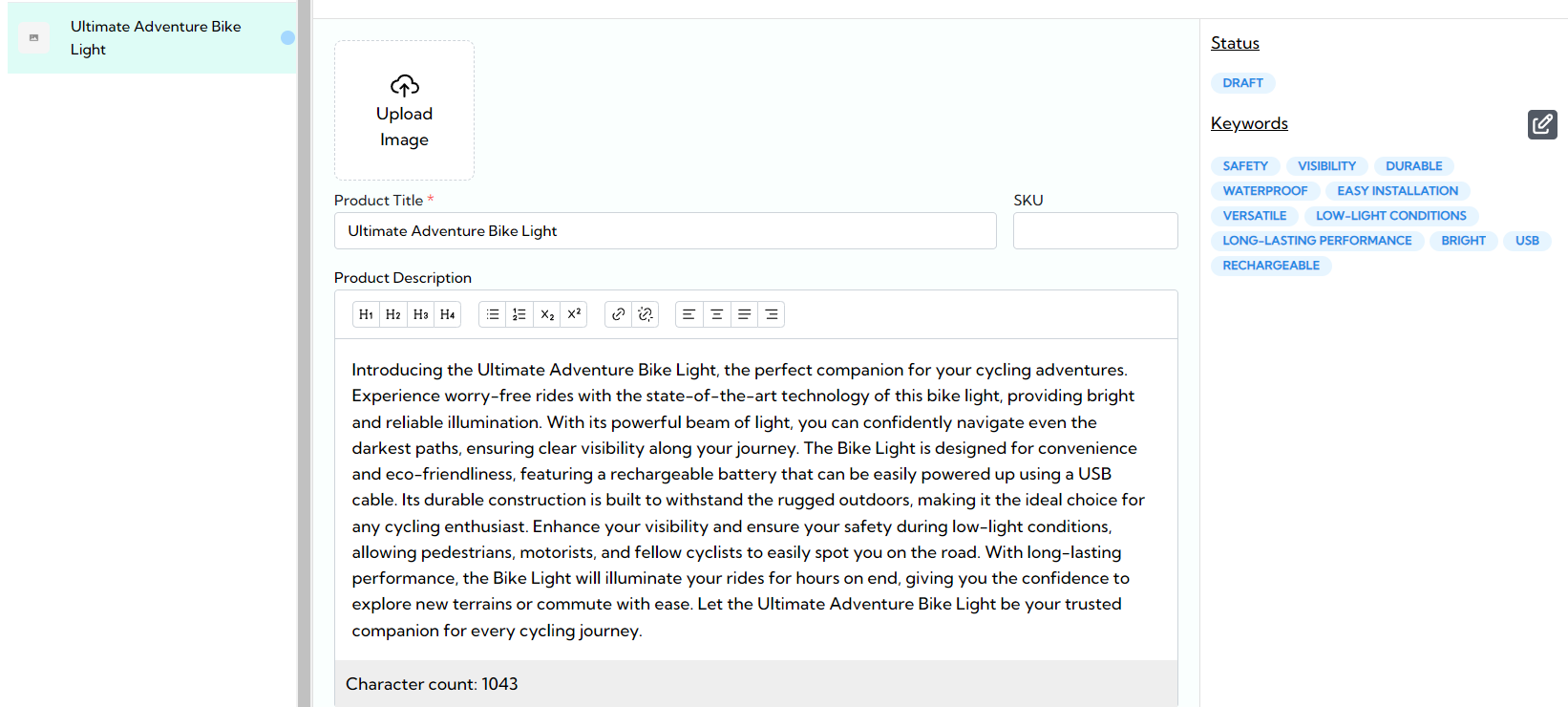 bike light description example with custom ruleset