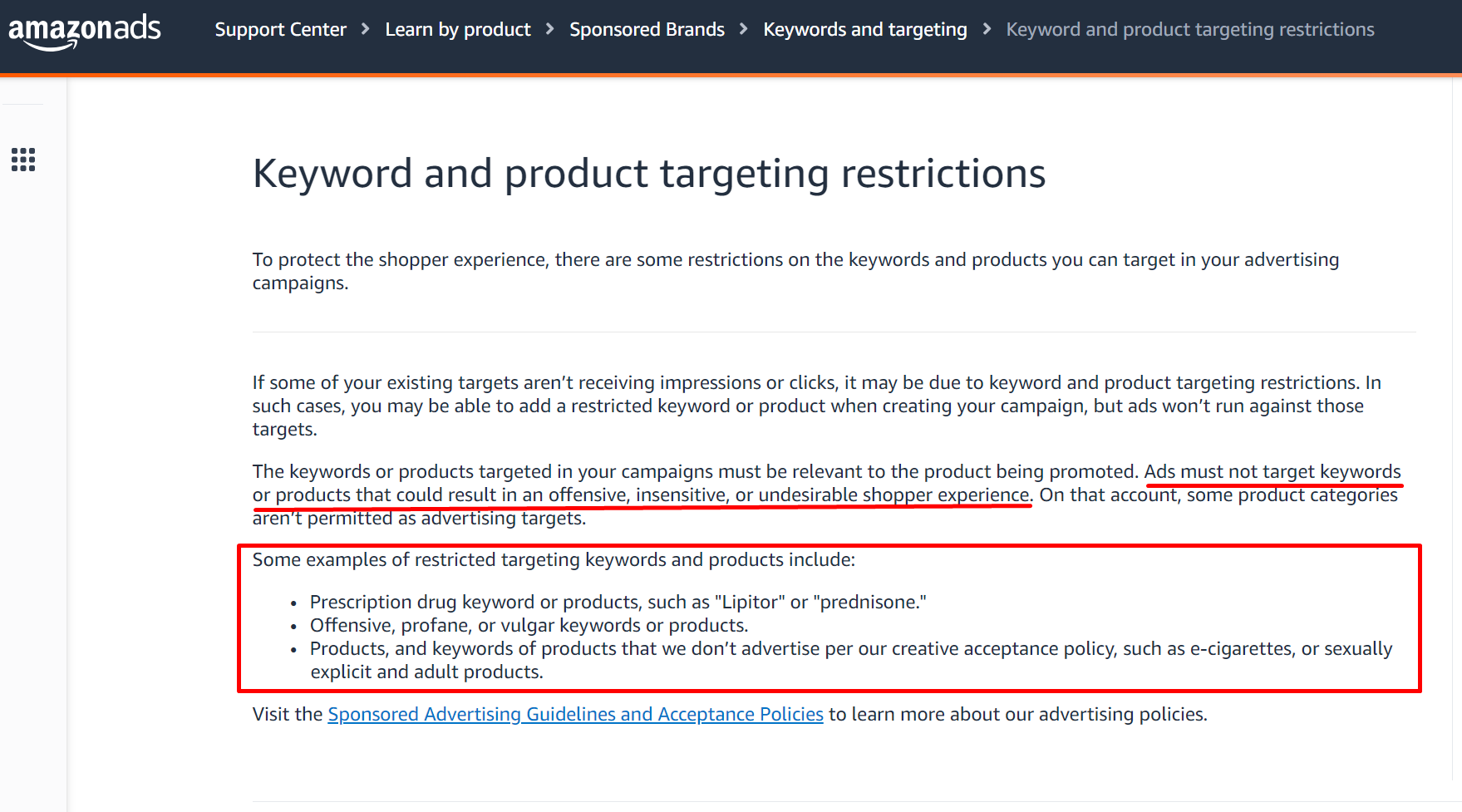 Amazon content guidelines re: keyword restrictions