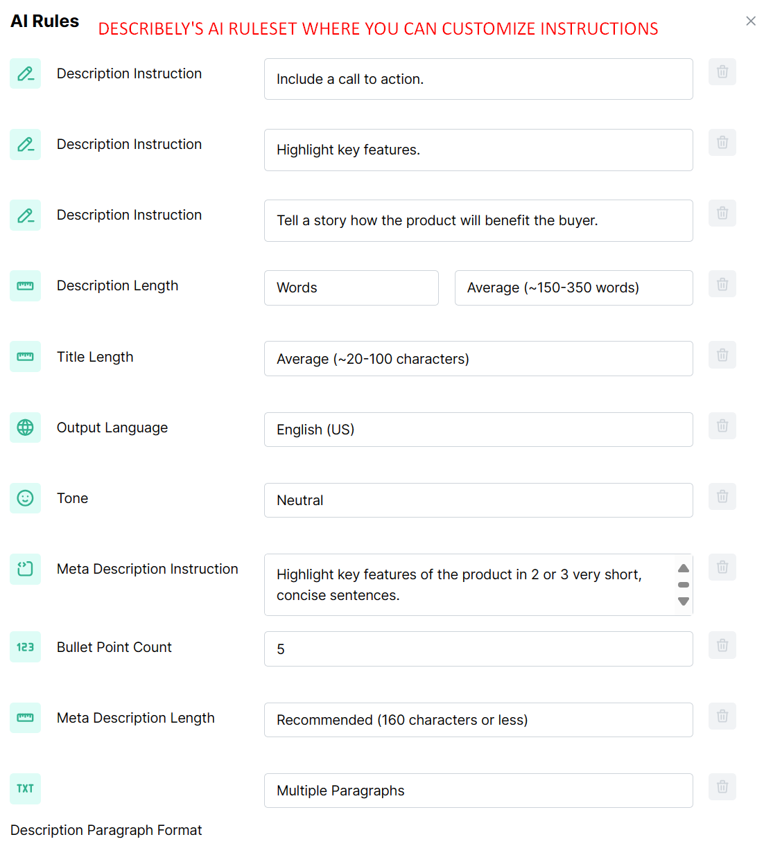 AI rulesets in Describely