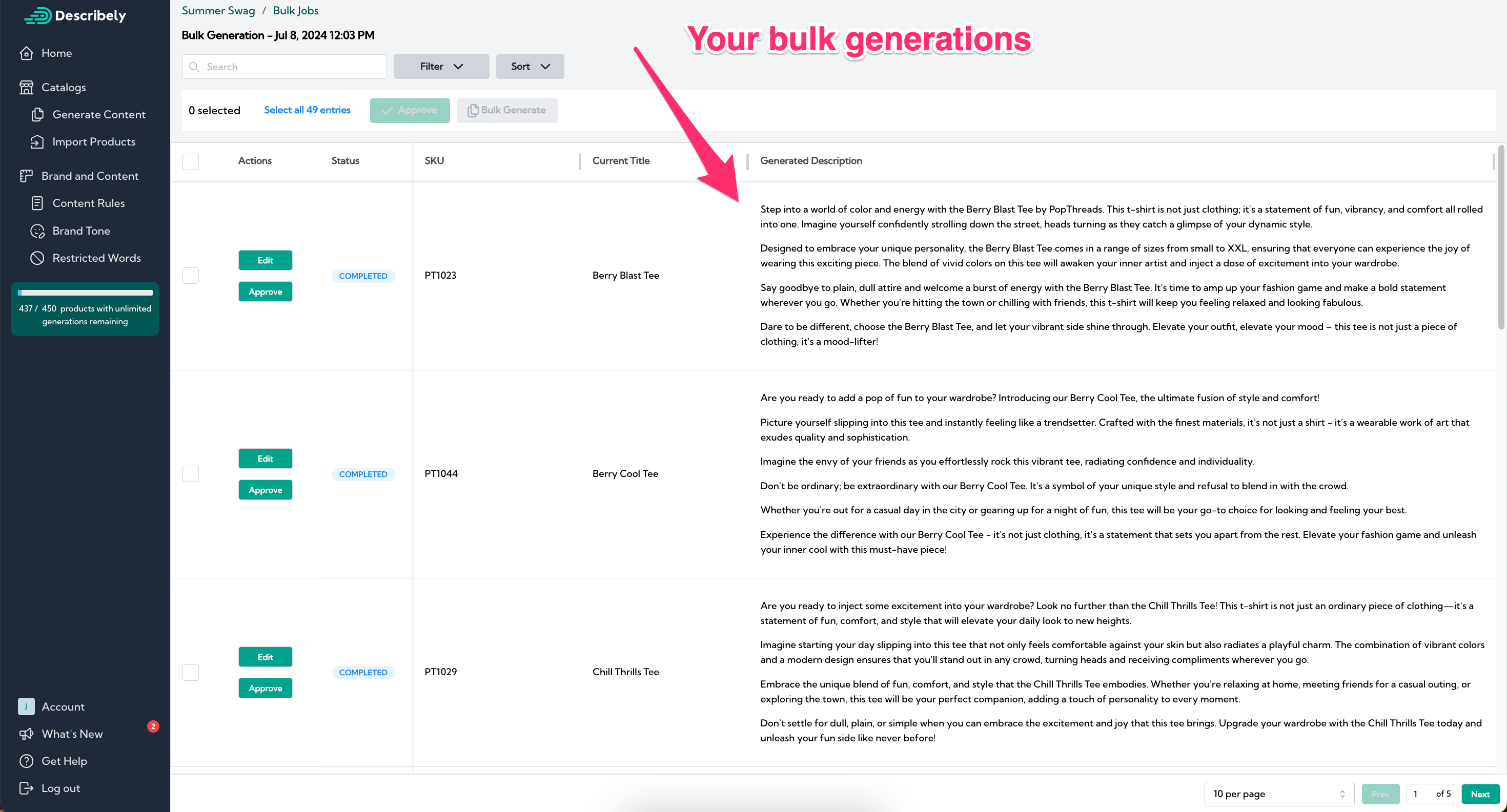 bulk generation review in Describely