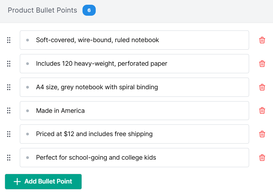 Product bullet points for a notebook