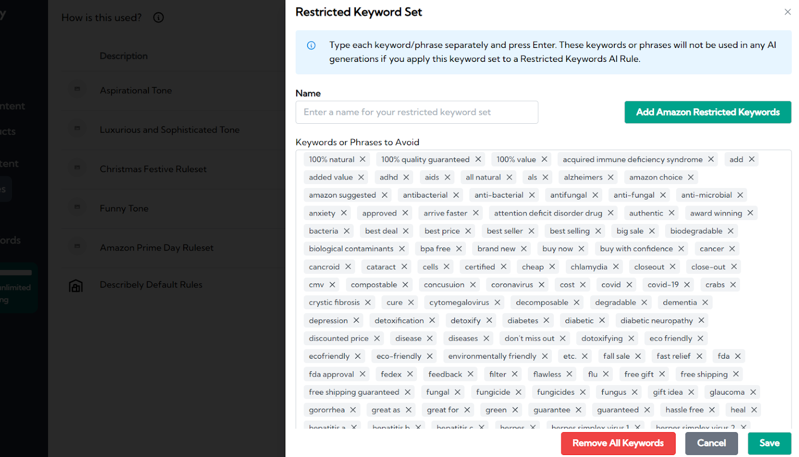 describely ai keyword exclusions