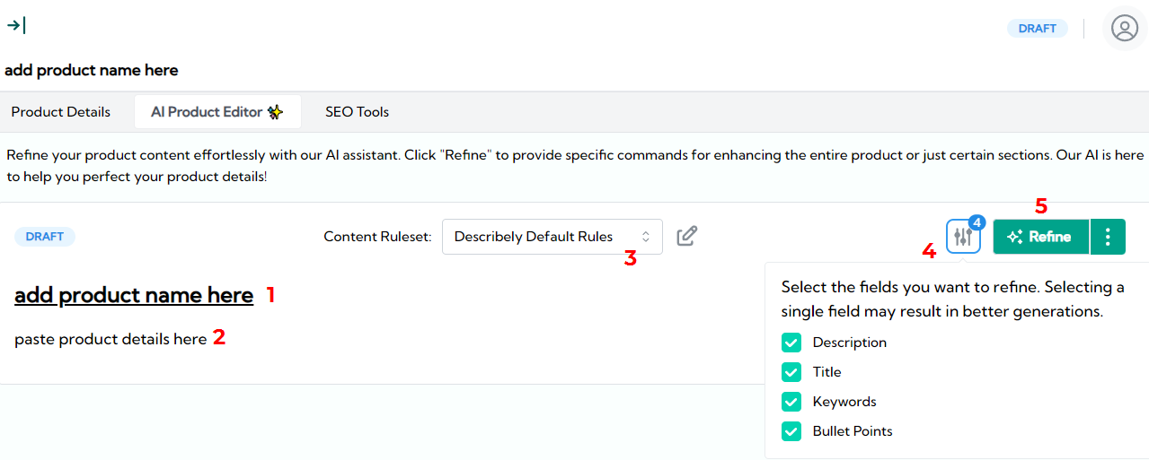 describely ai settings