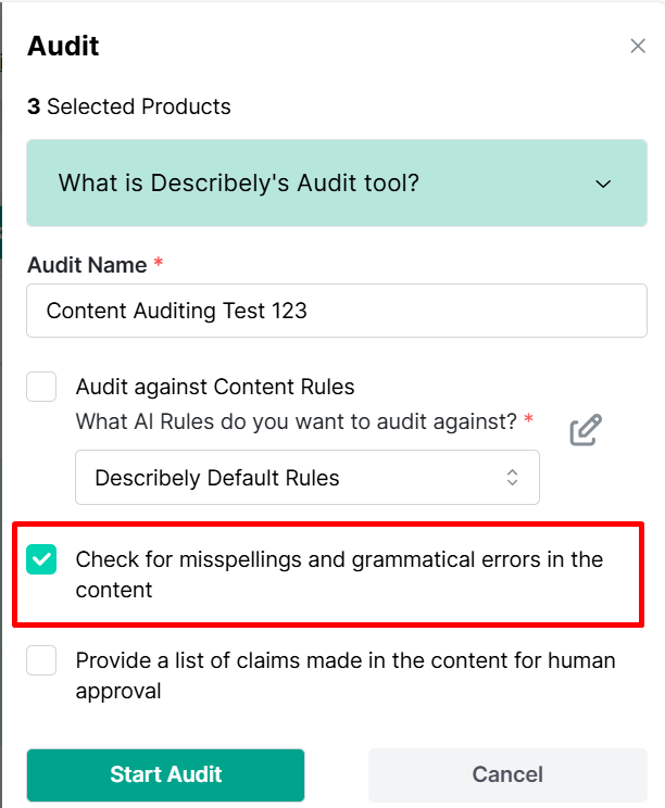 Describely's auditing feature for misspelling and errors