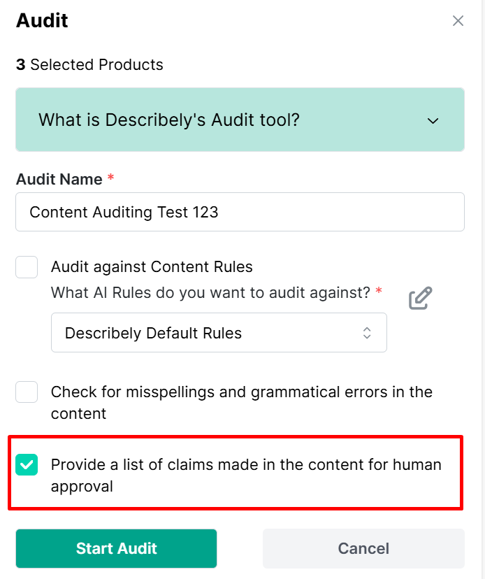 Describely's content auditing feature to verify the claims made in the copy