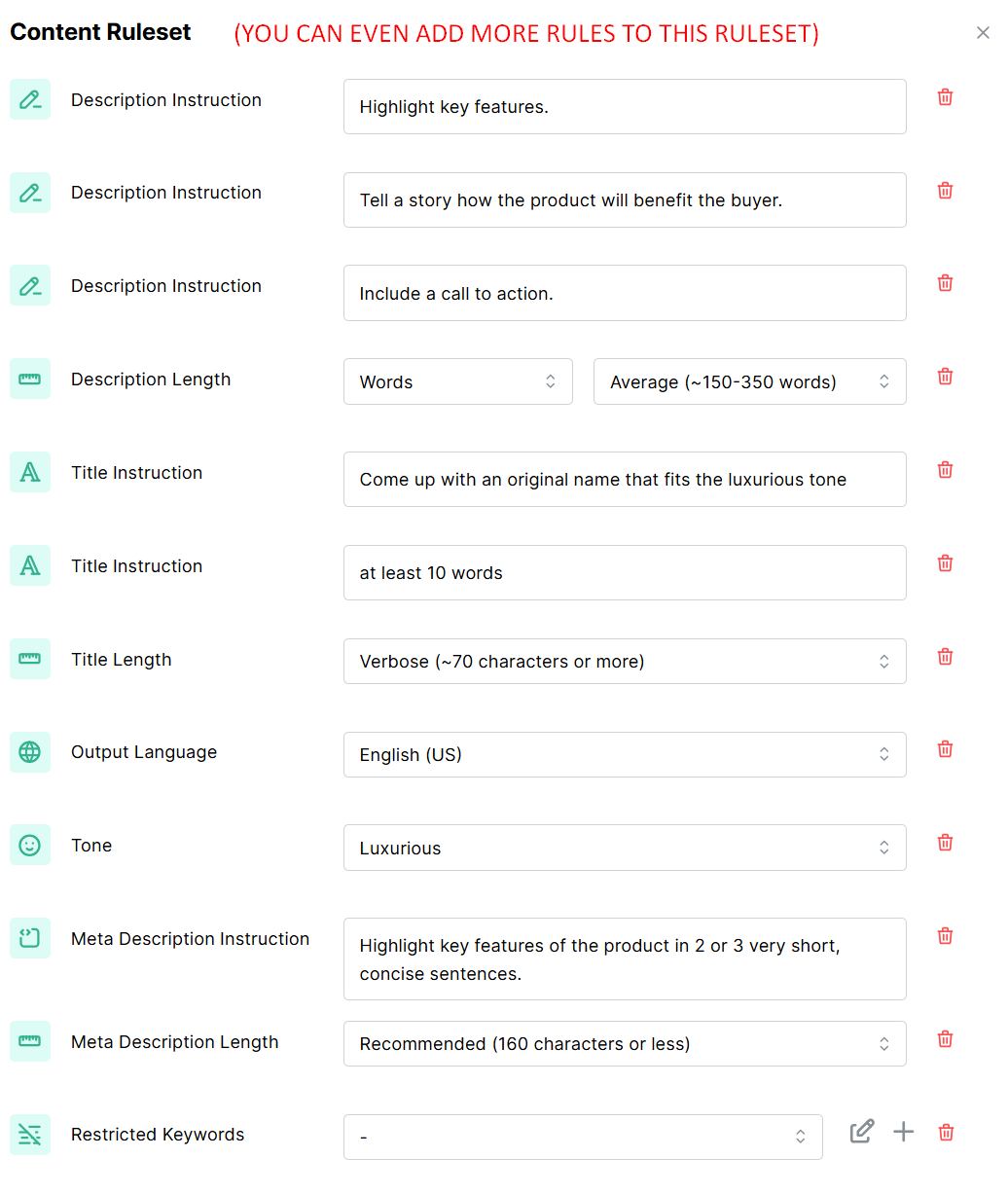 Describely's content ruleset example