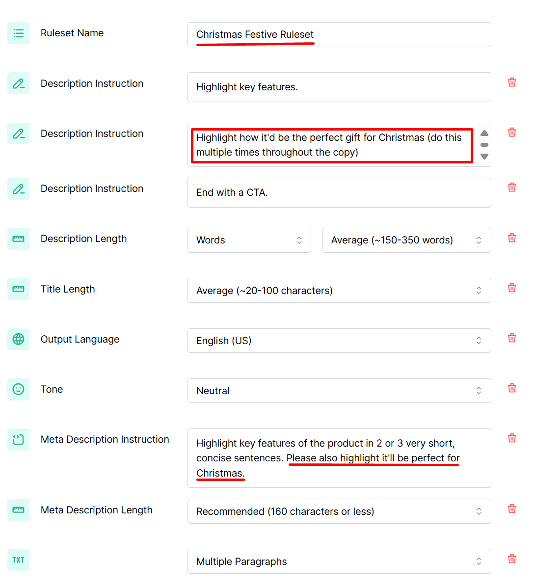 Example of a festive content ruleset on Describely