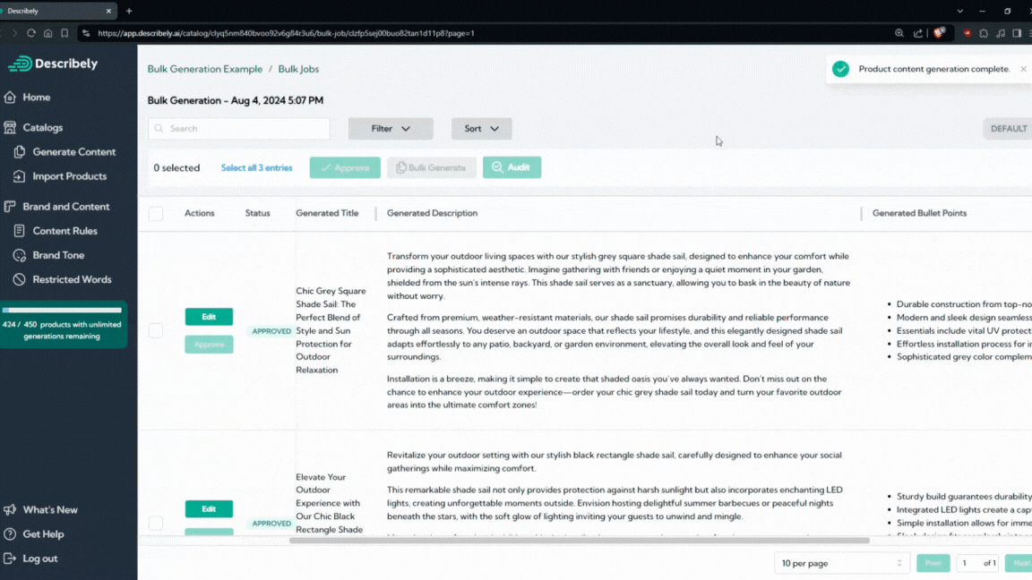 example of ai bulk generation with describely