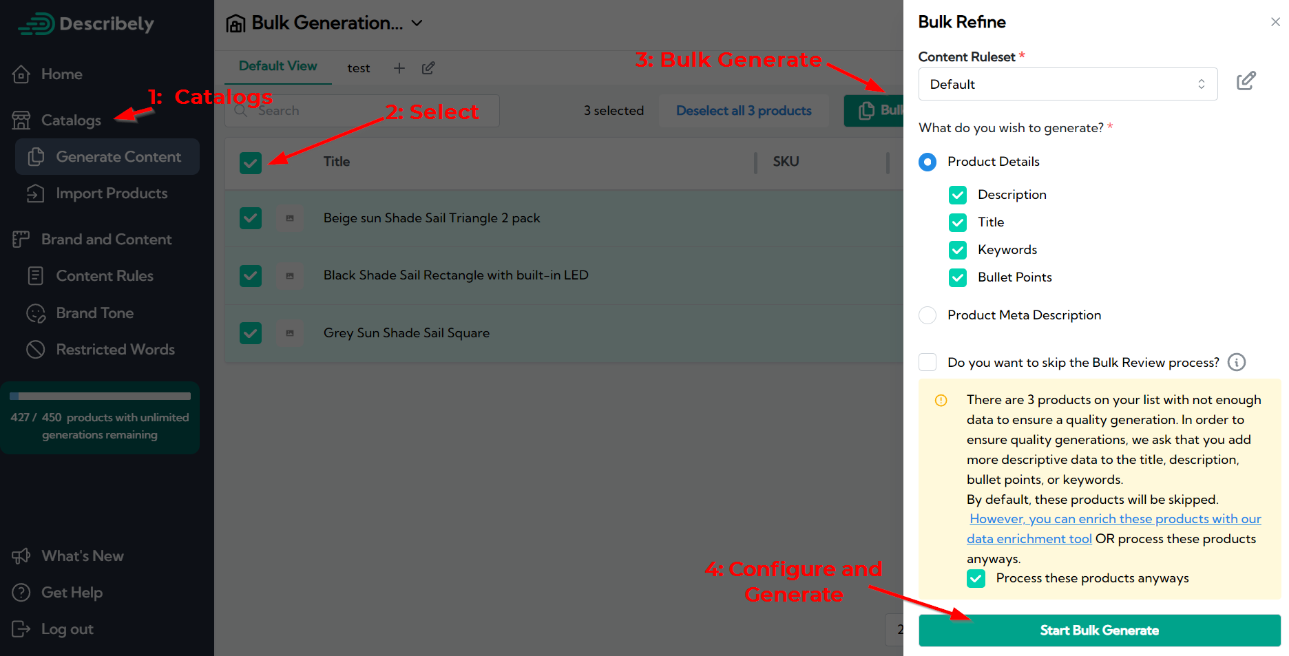 example of ai bulk generation with describely