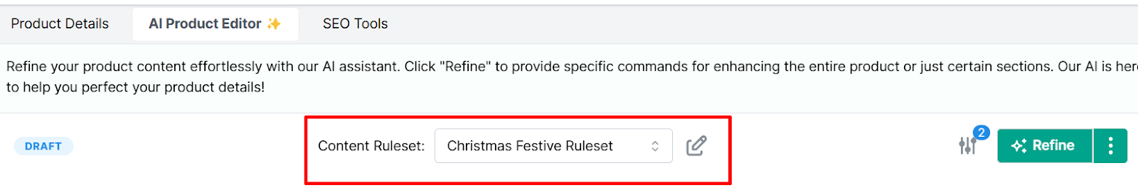 Reference of how to use the festive ruleset in Describely's editor