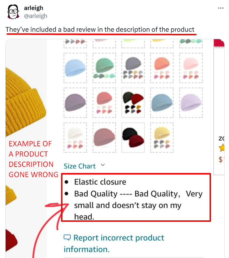 Wrong product description (sourced from Twitter)