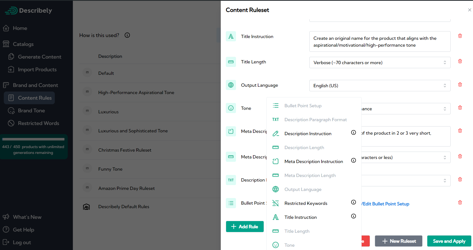 Brand guidelines settings on Describely