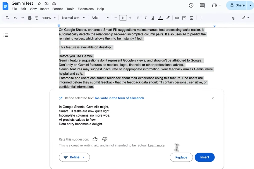 Gemini Advanced usage on Google Docs