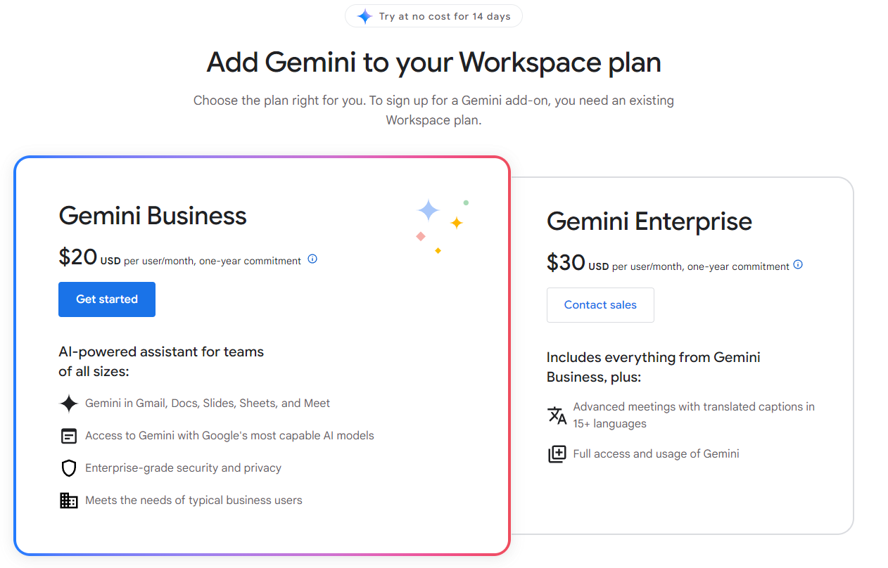 Gemini Business and Enterprise pricing