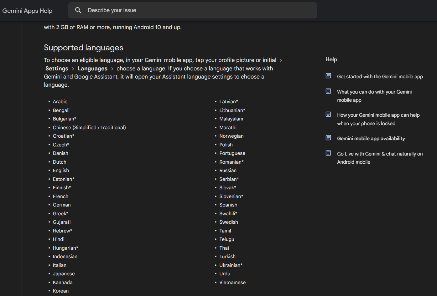 Languages on Gemini Advanced