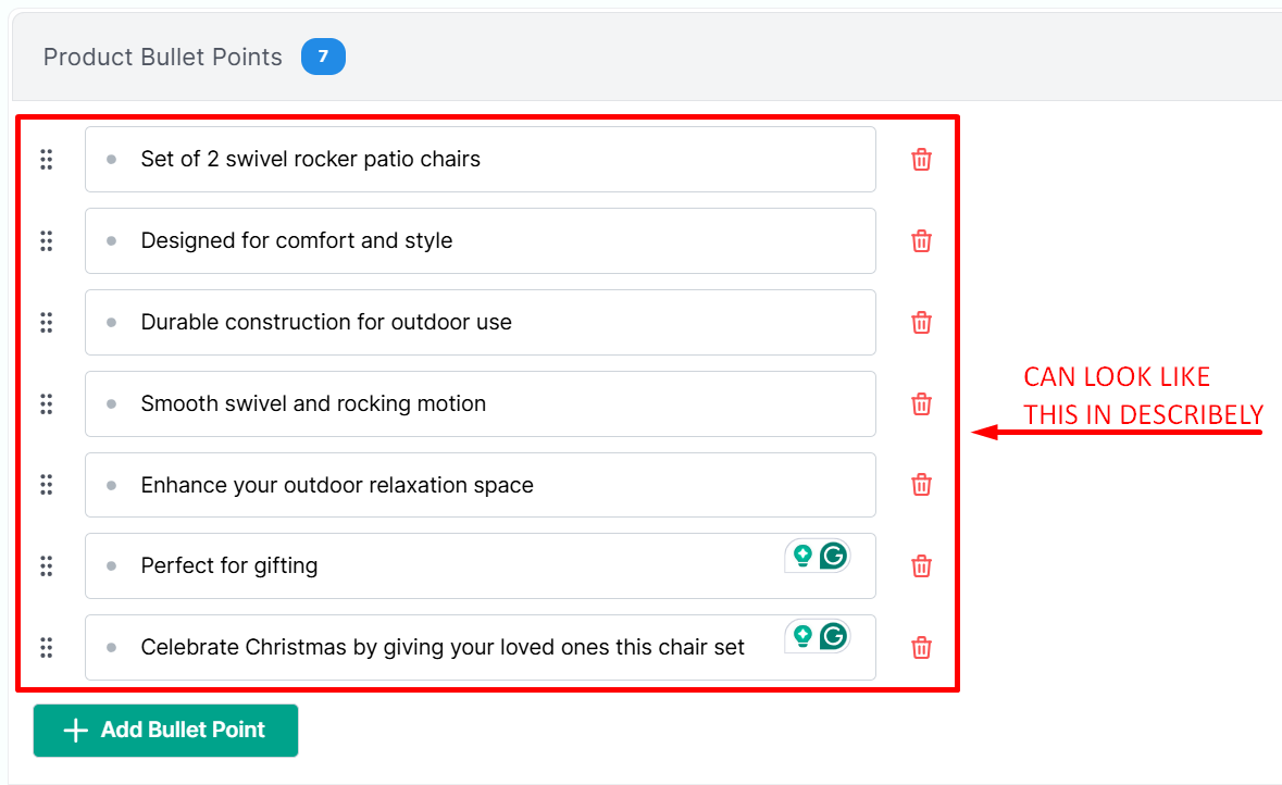 Product attributes/bullets in Describely