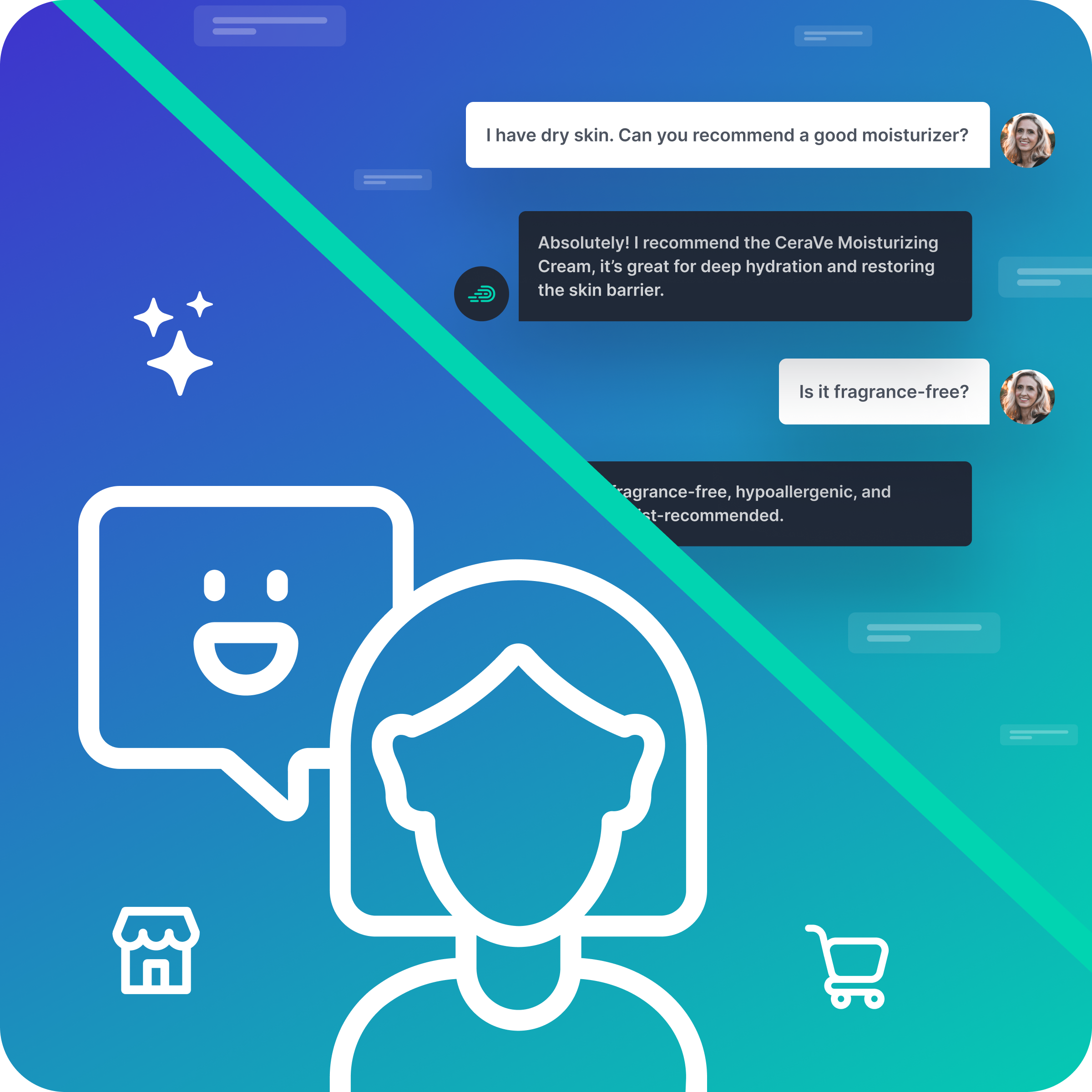 Figures of happy customer/employee behind chat bubbles